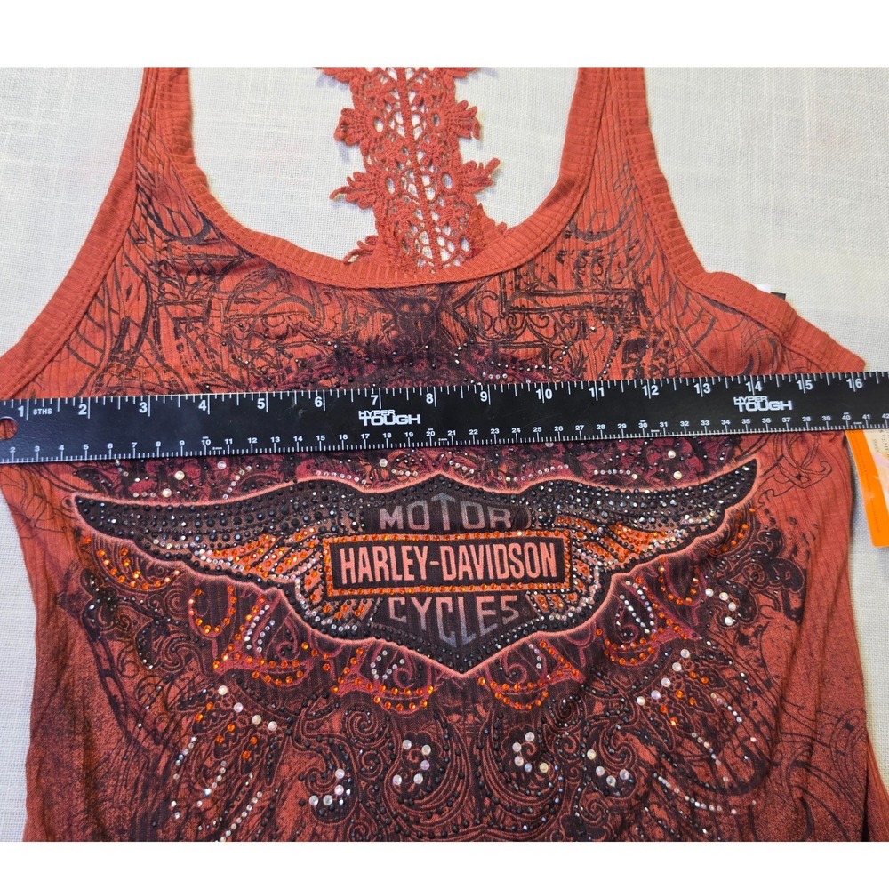 Harley-Davidson Womens Rose Thorns V2 Rhinestone Lace Racerback Tank Top Medium - Picture 6 of 9